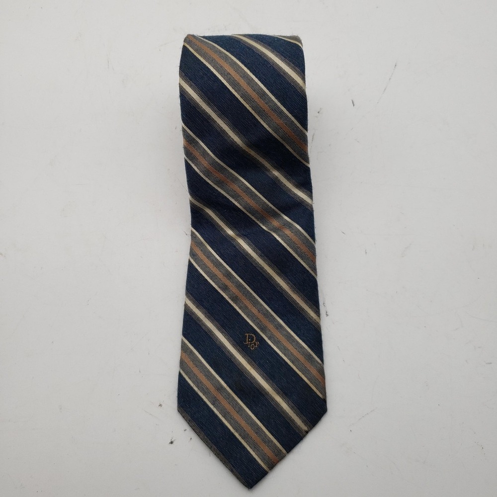 Christian Dior Tie‎ Mens One Size Blue Striped Woven Logo Designer Short Classic